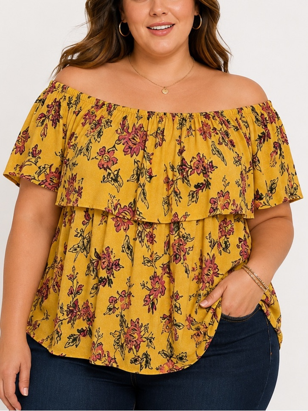 Torrid 5X Yellow Floral Off Shoulder Peasant Boho Blouse Rayon Plus Size